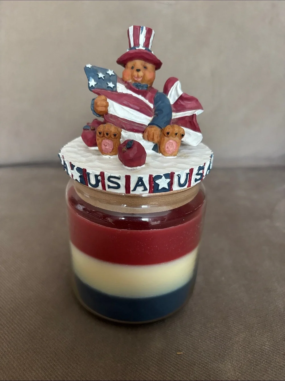 Patriotic Red White Blue Layered Candle Jar with USA Decorative Lid